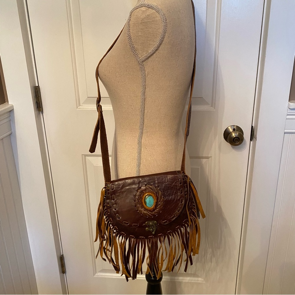 HANDCRAFTED ARTISAN BAG CROSSBODY SHOULDER BROWN LEATHER FLAP CLOSE FRINGE BOHO